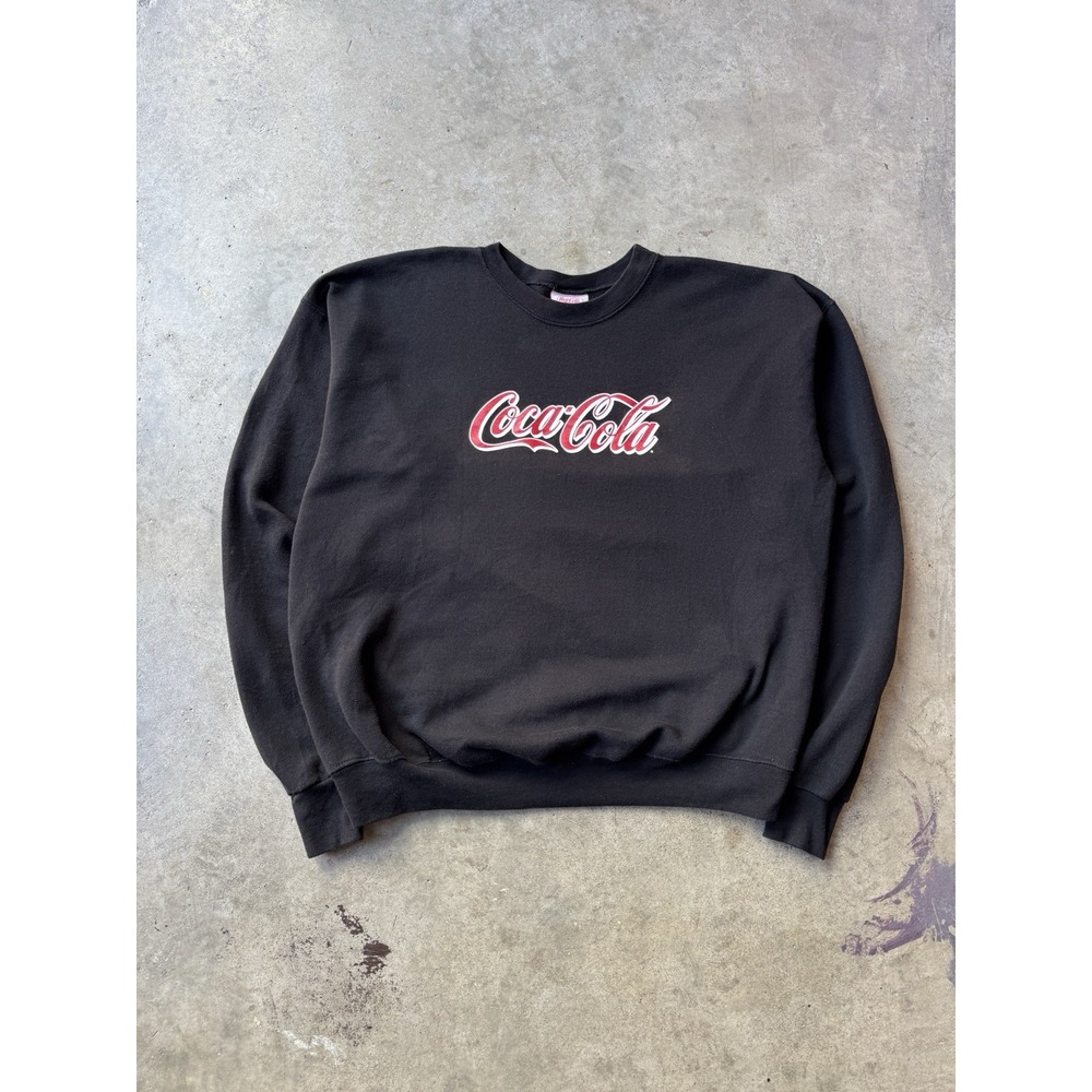 Vintage 90s Coca-Cola Spell Out Soda Promo Black Crewneck Sweater Mens XXL